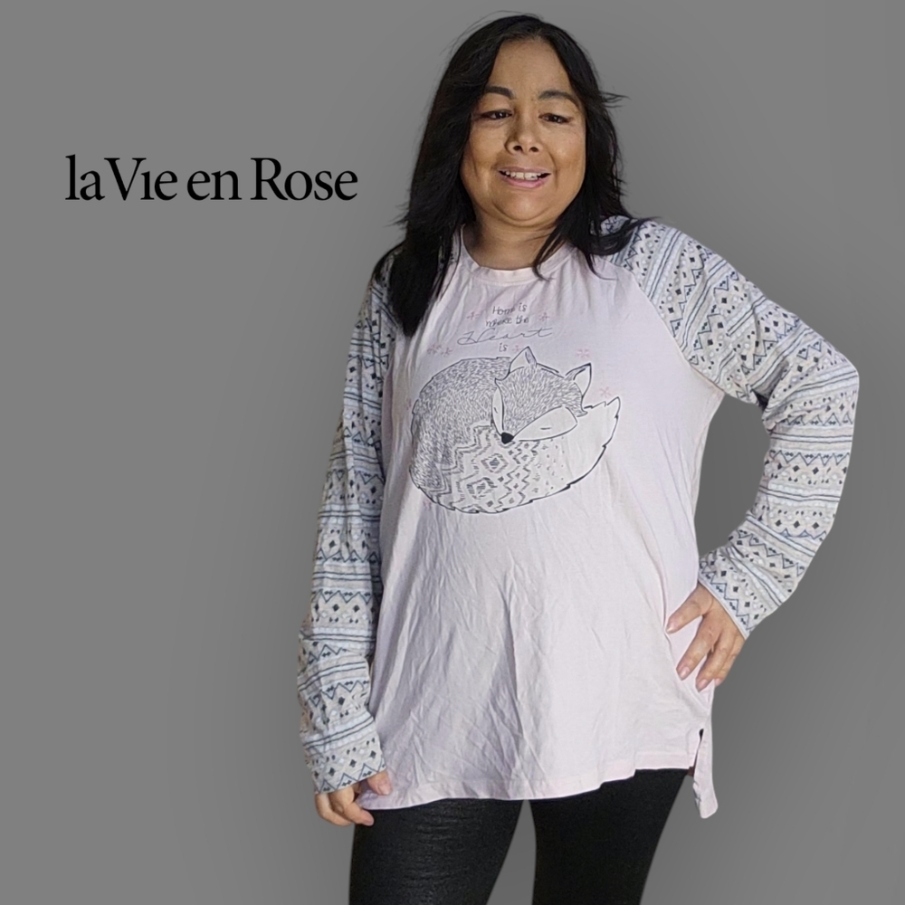 LA VIE EN ROSE WOMENS SIZE L/G Fox Home Is Where The Heart Is Pajama Top - Picture 2 of 9